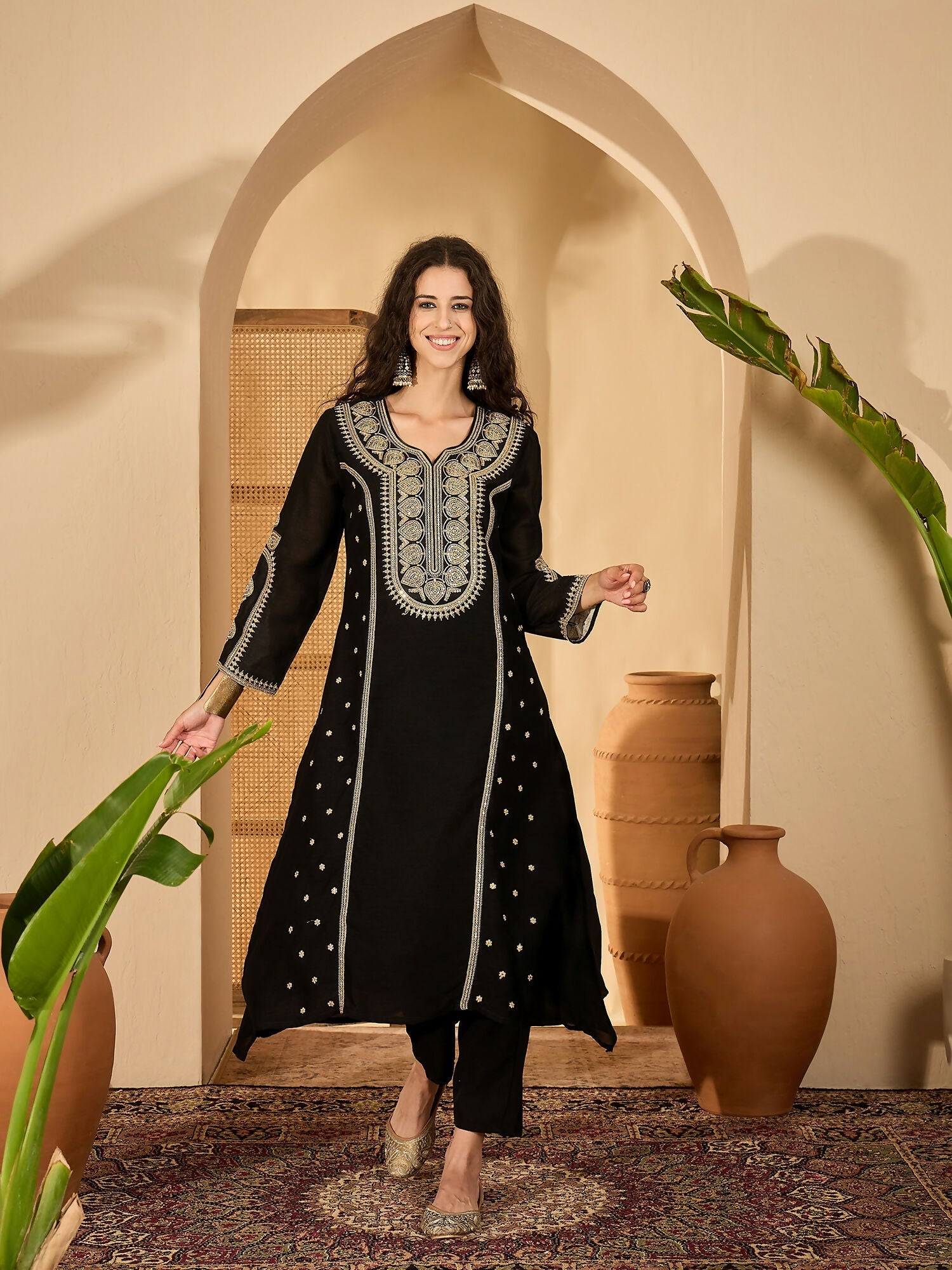 Joban Fashion Embroidery Black Vichitra Silk Kurta Set