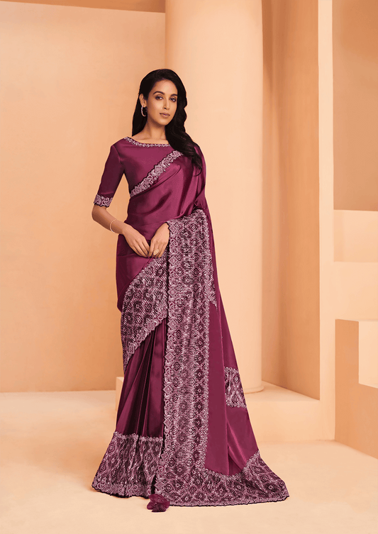 Maroon Satin Crepe Silk Embroidery with Digital Sequence Work Saree - Norita Helly