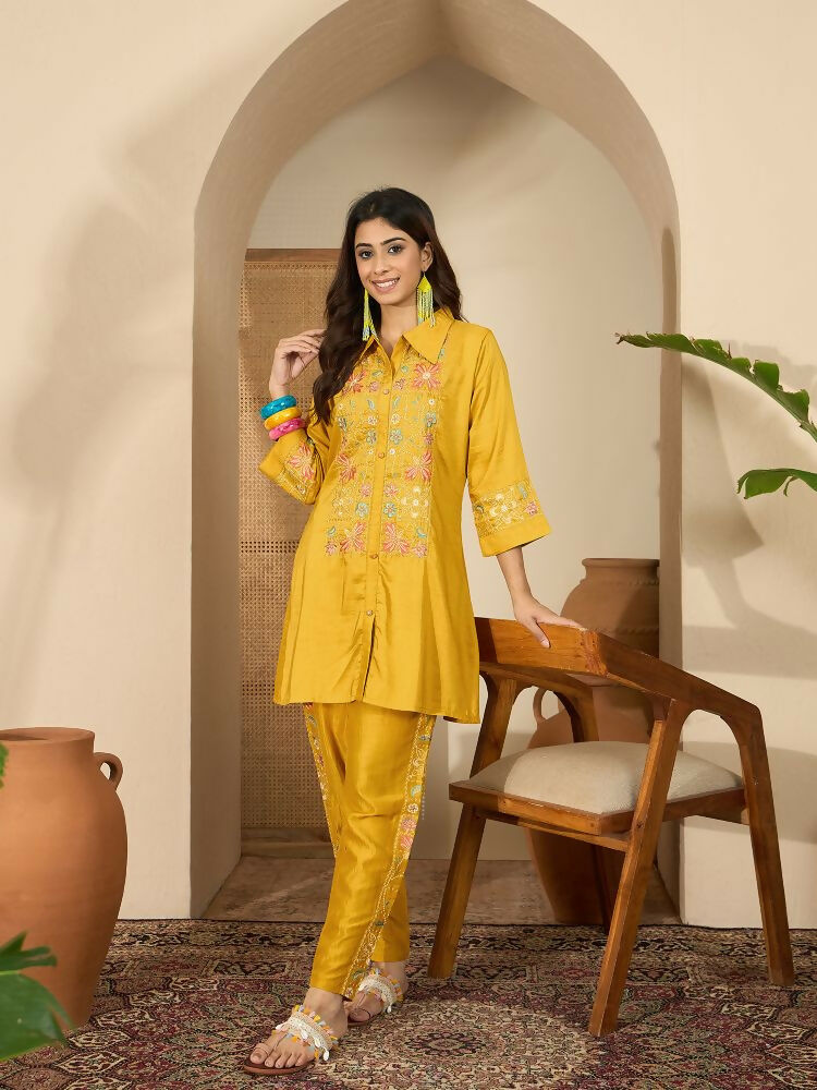 Joban Fashion Women Mustard Roman Silk Embroidered Stitched Kurta Set