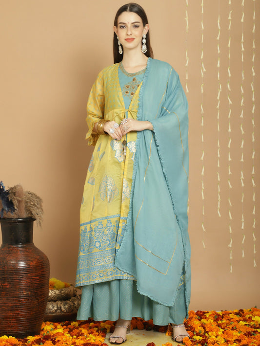 Jyoti Fashion Women's Yellow Chanderi Silk Elegant Jardoshi Kurta with Trouser & Dupatta | Swadesiicart