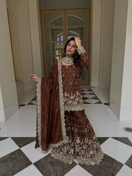 Teeya Creation New Trendy Latest Designer Embroidery Sharara Kurta Set -Brown
