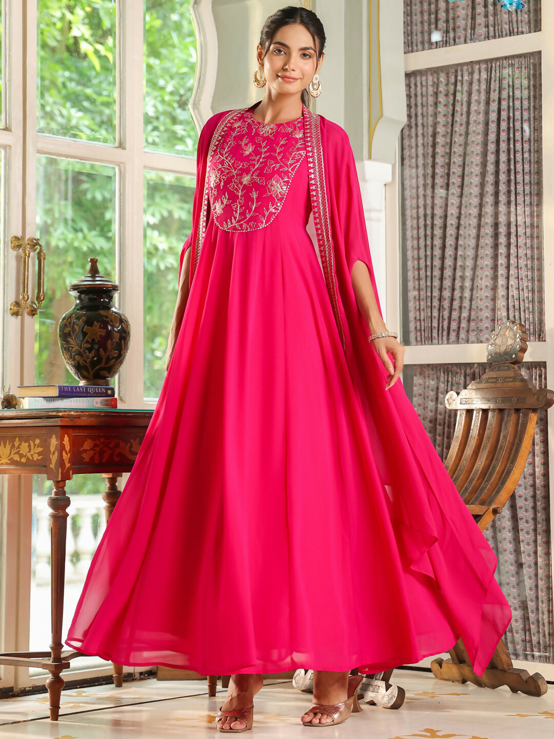 Janasya Pink Georgette Embroidered Dress & Cape 