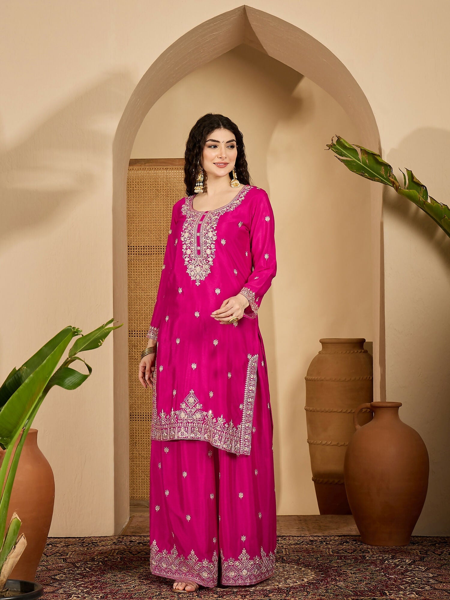 Joban Fashion Embroidery Pink Chinon Silk Kurta Set