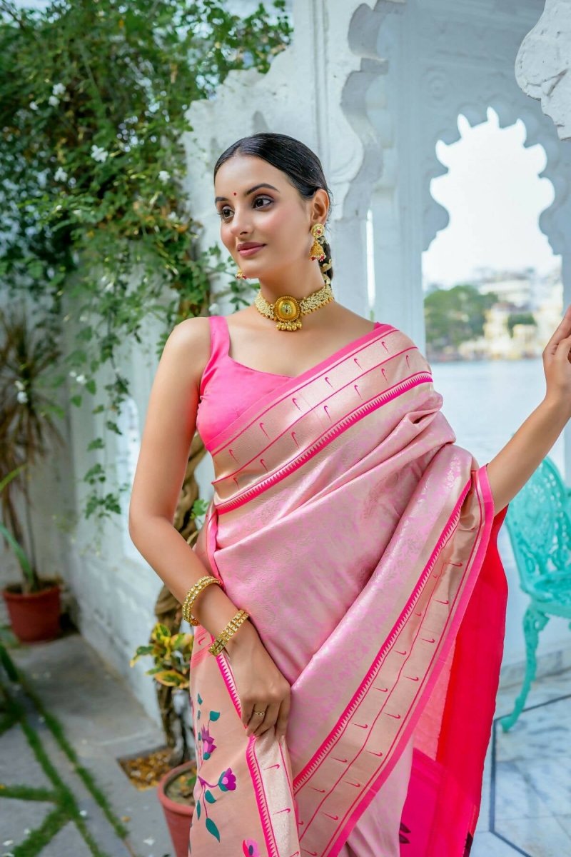 Aastha Fashion Baby Pink Woven Kanjivaram Silk Saree with Blouse - Grab2buy