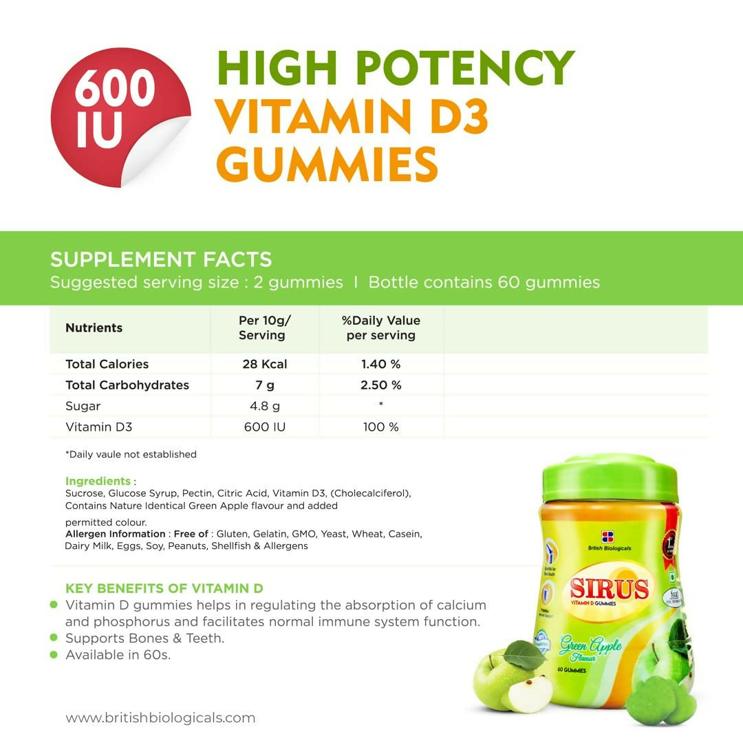 British Biologicals Sirus Vitamin D3 Gummies with Sugar for Women & Men - Green Apple 