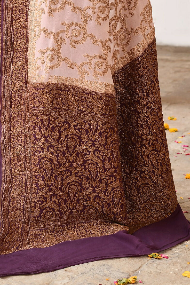 Joban Fashion Ivory Crepe Chiffon Pure Handloom Banarasi Silk Saree | Swadesiicart