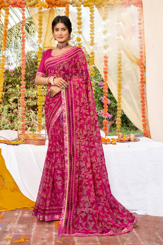 Pink Georgette Foil Printed Saree with Unstitched Blouse piece - Avika