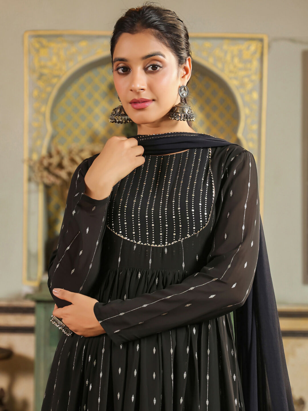 Janasya Black Georgette Foil Print Kurta,Bottom & Dupatta 
