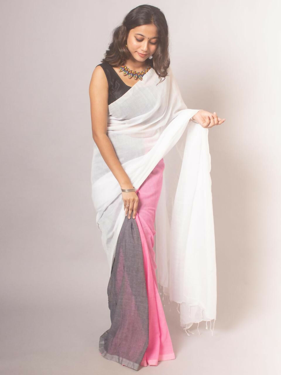 Exclusive Collection Beautiful Khadi Cotton White Grey Pink Handloom Grab2Buy 