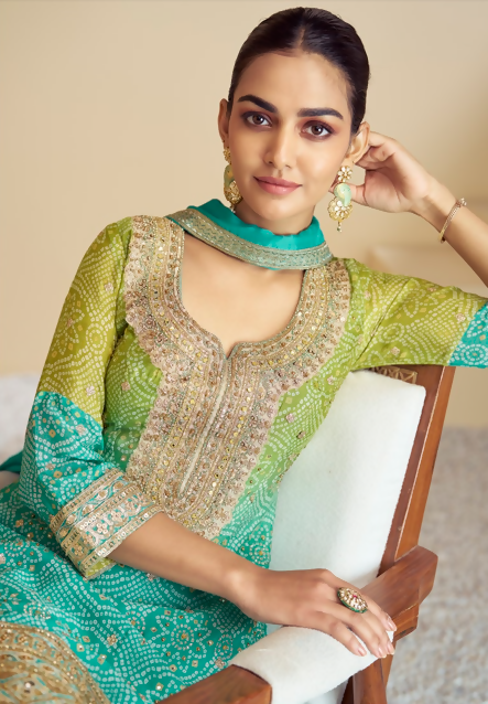 Vastranavya Turquoise Chinon Bandhini Print with Embroidery & Mirror or Jharkhan work Sharara Suit  Grab2Buy Vastranavya Grab2Buy