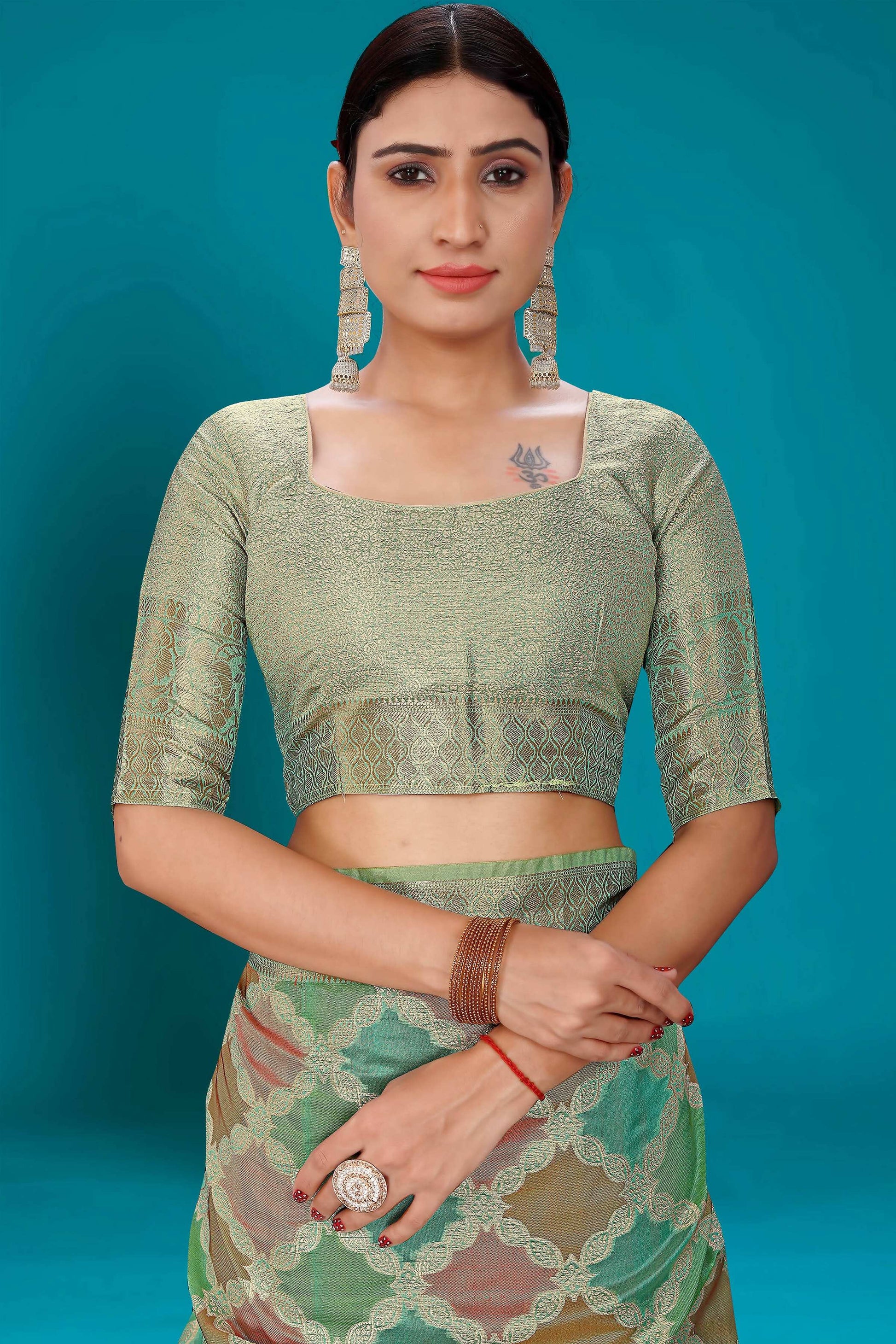 Sea Green Soft Organza Woven Design Saree with Unstitched Blouse Piece - Zaara