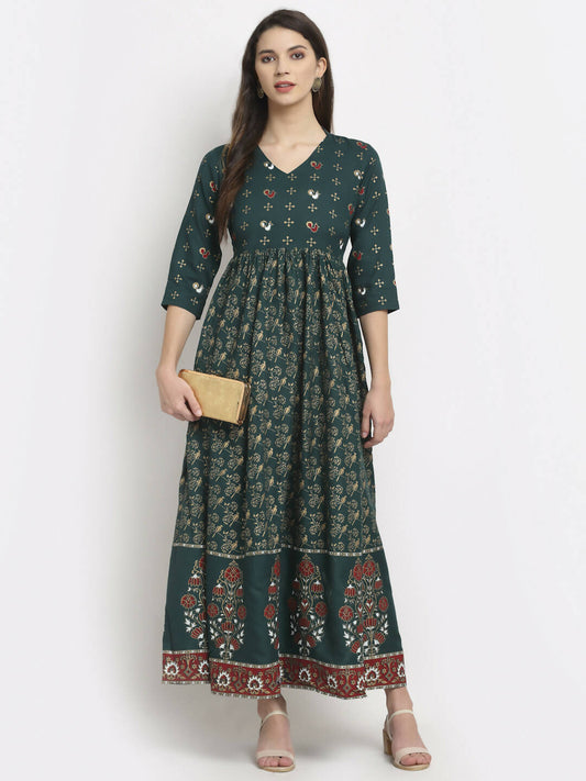 Rudra Bazaar Floral Printed A-Line Flared Green Kurti