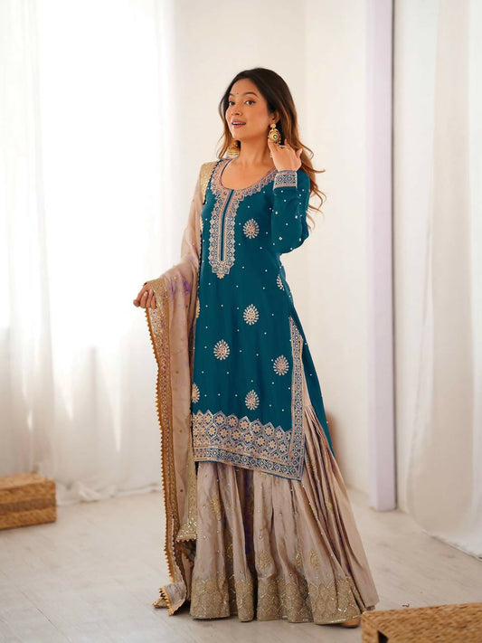Lehenga Mart Designer Sharara Suit With Kurta, Sharara, Dupatta For Women-Teal Blue