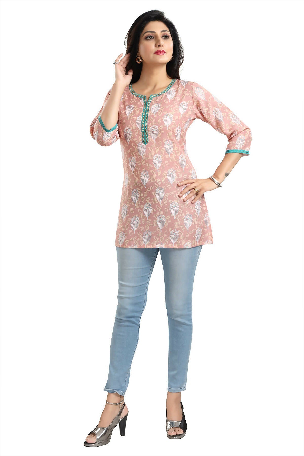 Snehal Creations Pretty Pastel Peach Rayon Short Kurti Tunic Top