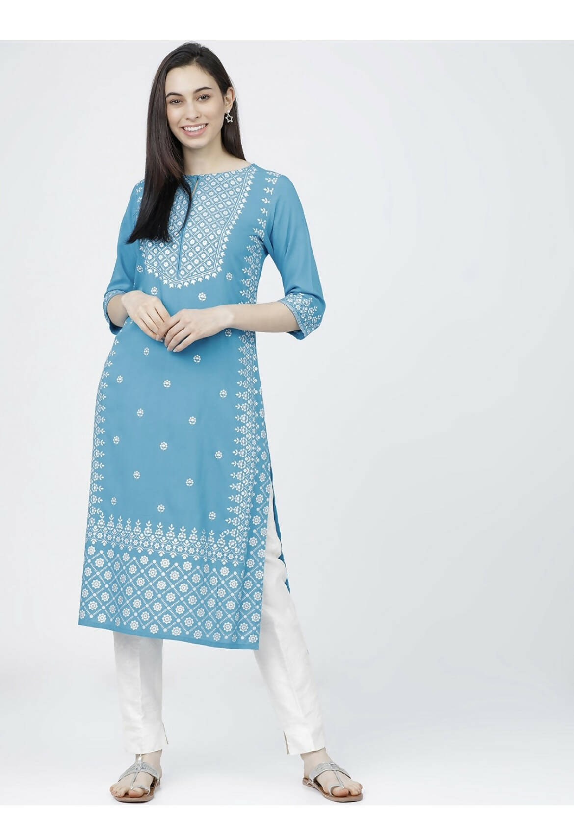 Cheera Embellished Daily Wear Cotton Blend Kurta - Sky Blue - Grab2buy