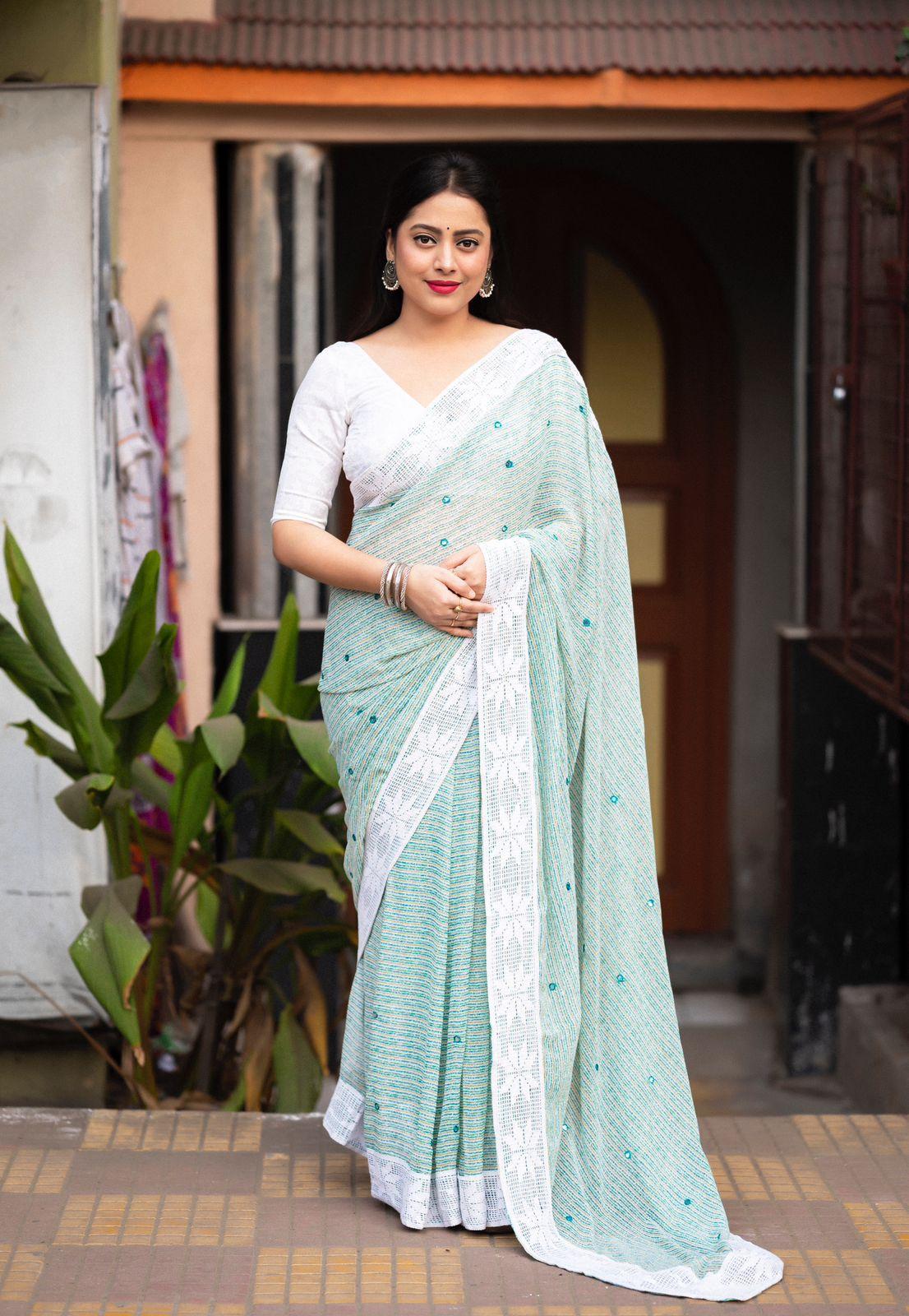 Blue Poly Georgette Ethnic Motifs Saree with Unstitched Blouse - A2M