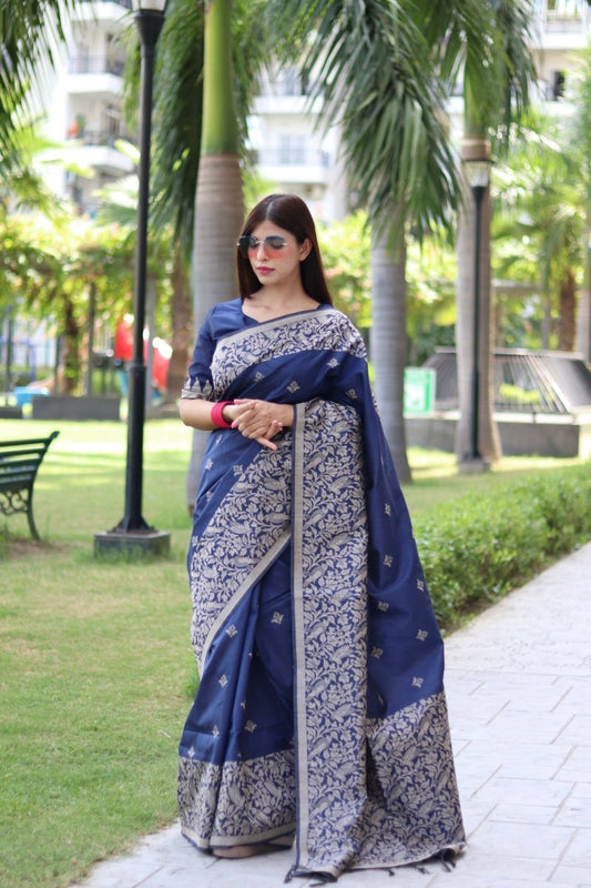 Aastha Fashion Navy Blue Woven Handloom Raw Silk Saree with Blouse - Grab2buy