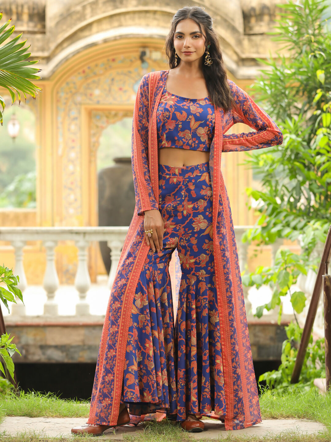 Janasya Navy Blue Georgette Floral Top,Bottom & Jacket 