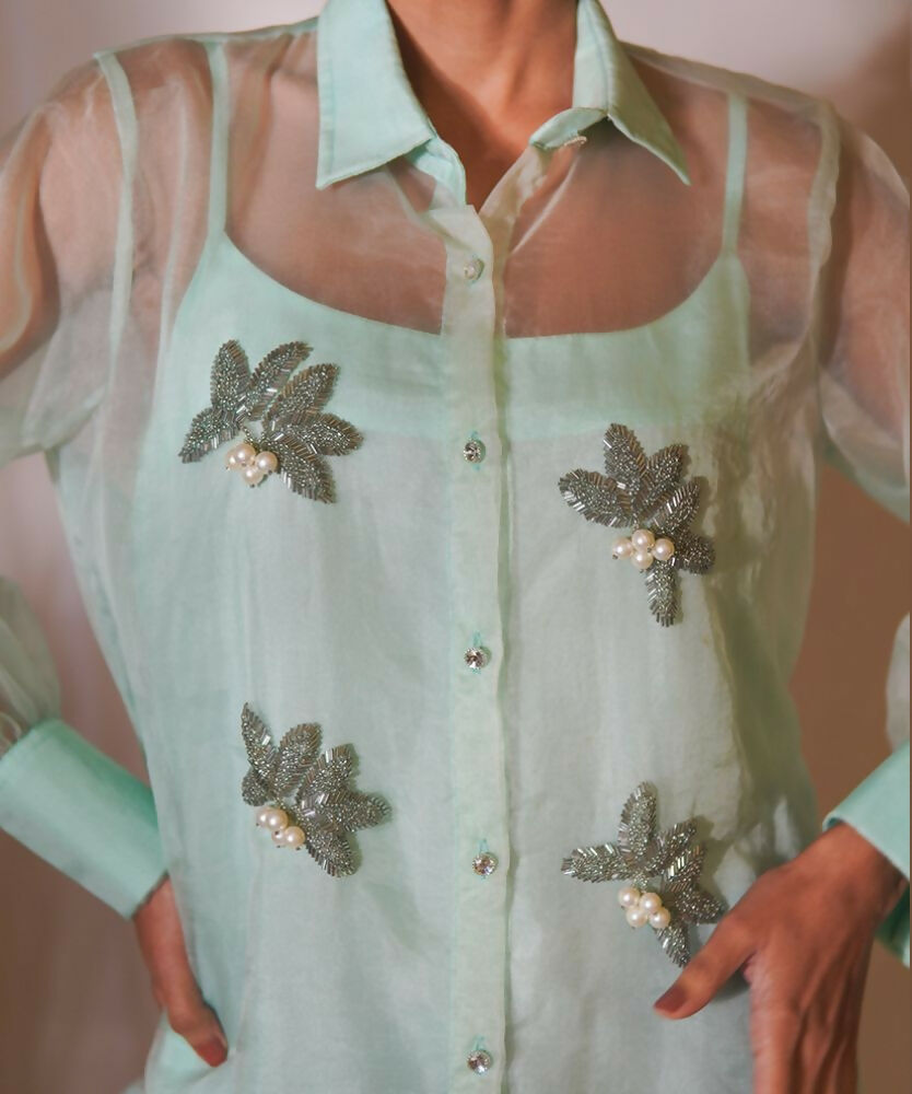 Timaraa Mint Whisper Hand-Embellished Organza Shirt  Grab2Buy Timaraa Grab2Buy