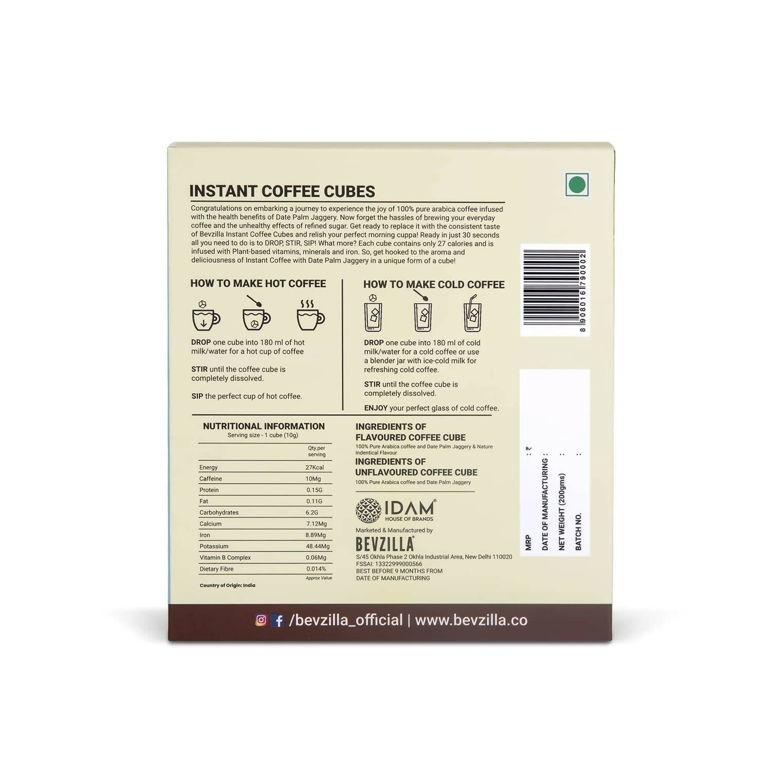 Bevzilla Instant Coffee Cubes Pack with Organic Date Palm Jaggery - Creamy Vanilla 