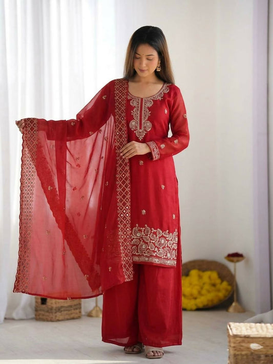 Teeya Creation Womens New Trendy Stylish Embroidery Beads Work Palazzo Kurta Set -Red