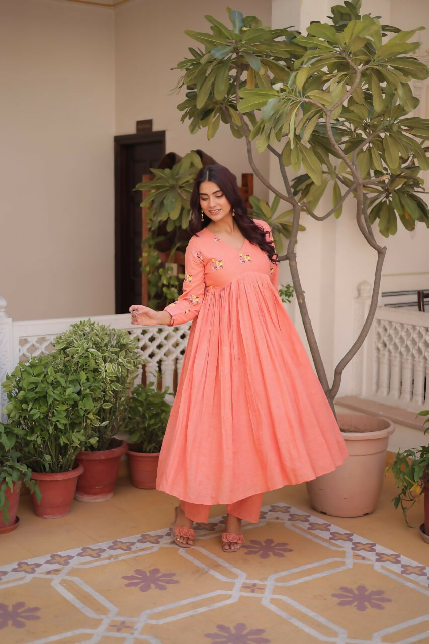 Teeya Creation Womens New Summer Wear Cotton Fabric With Embroidered Work Gown Set
