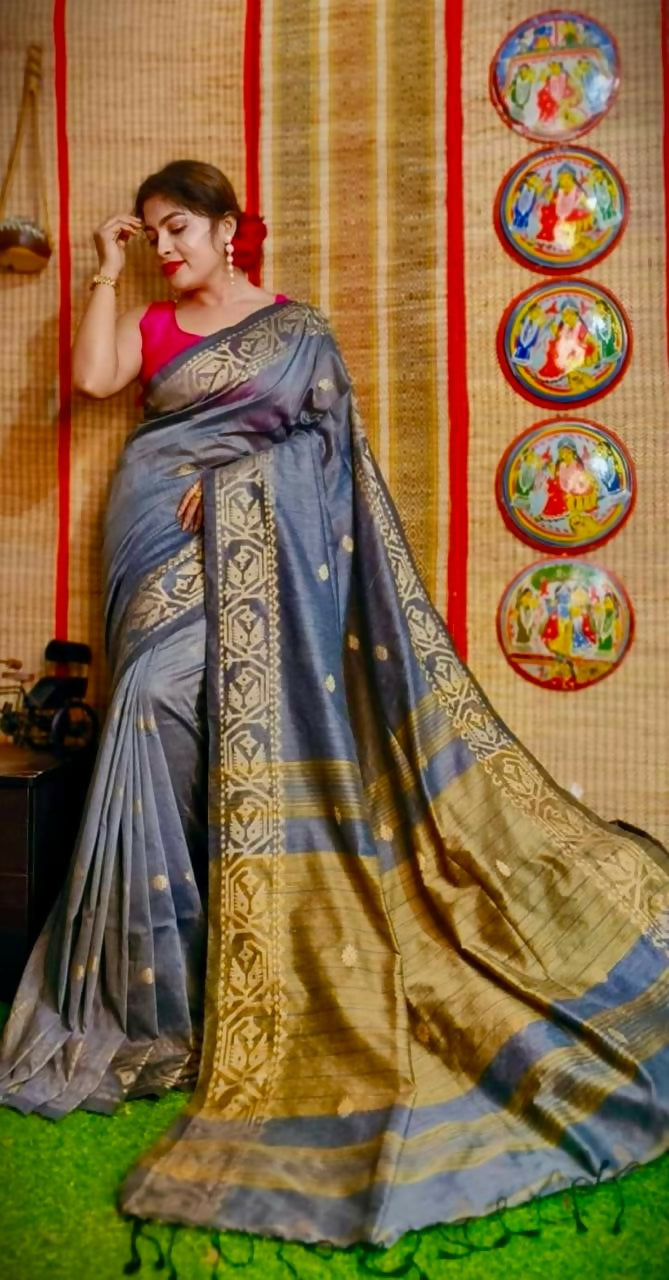 Exclusive Collection Beautiful Gray Pure Cotton Woven Handloom Grab2Buy With Running Blouse Piece 