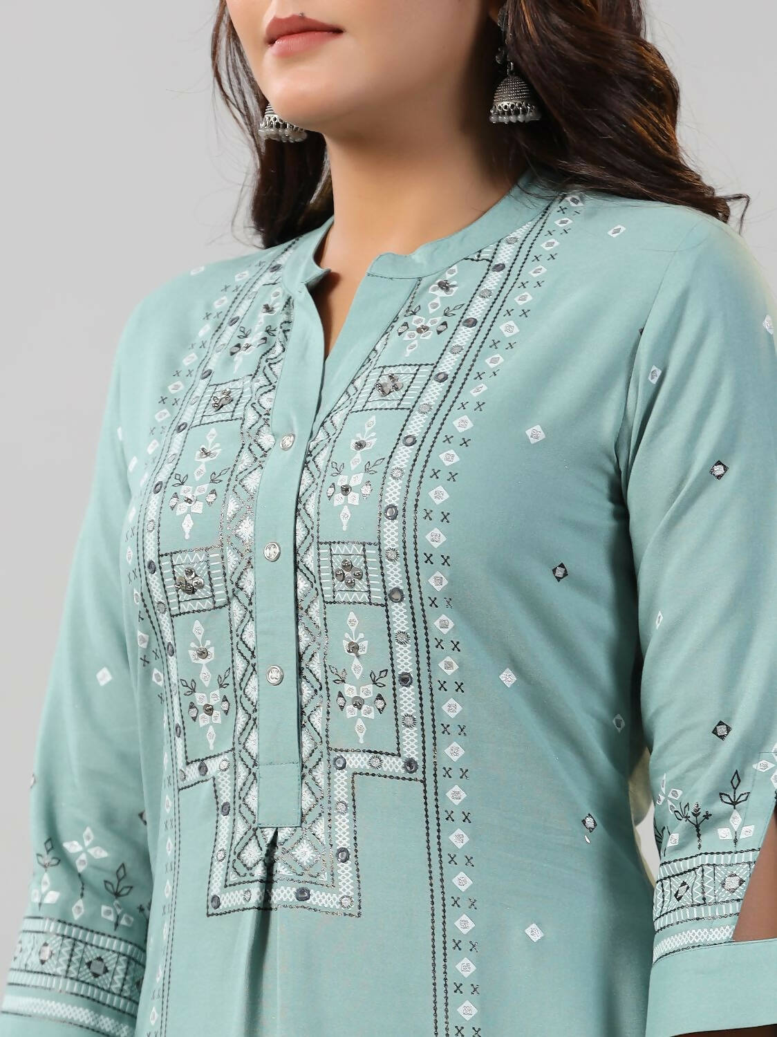 Juniper Women Sage Green Rayon Staple printed Kurta and Pants Set