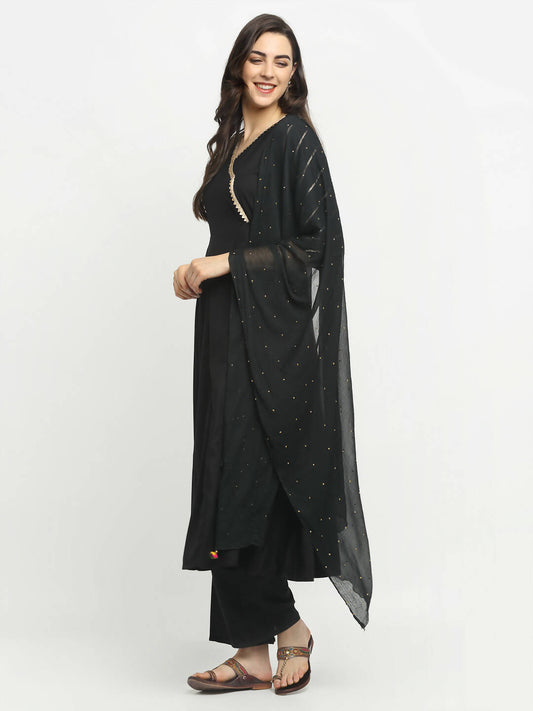 Rudra Bazaar Black Angrakha Style Flared Kurta with Pyjamas & Dupatta