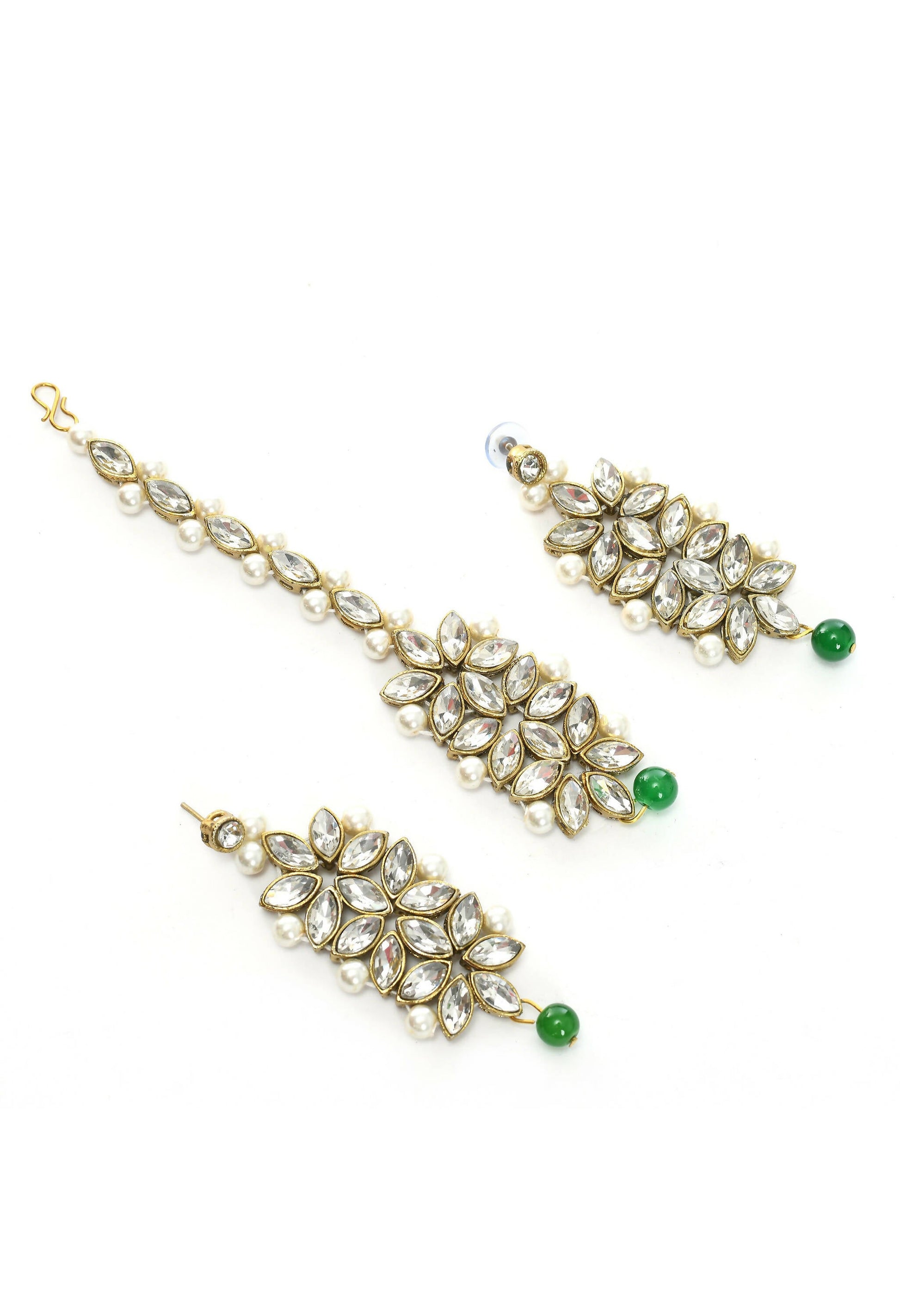 Mominos Fashion Johar Kamal Gold-Plated Rani Haar with Green and Off white Pearls Jewellery Set - Grab2buy