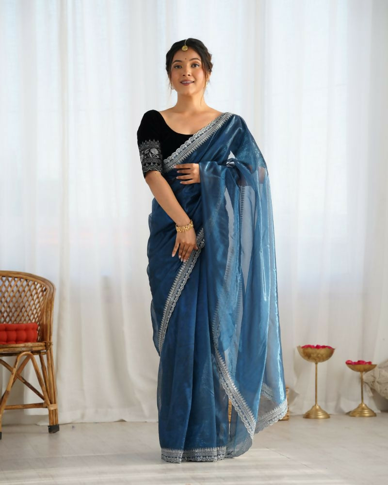 Attrctive Looking Gold Jari, Sequance Embroidery Work Twill Net Party Wear Saree - Teal
