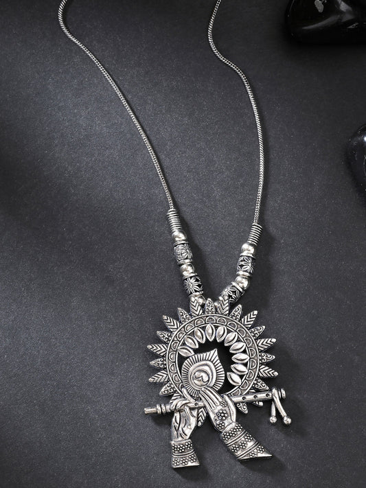 NVR Women's Silver-Toned German Silver Oxidised Pendant with Chain 