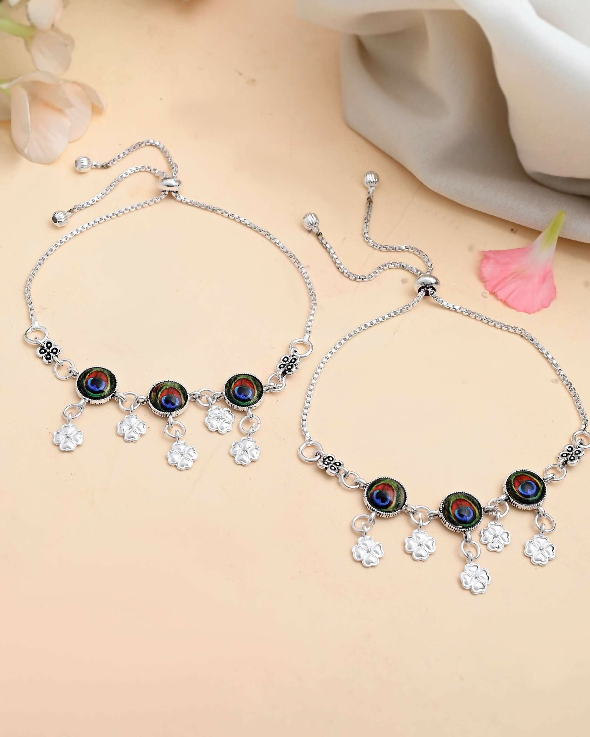 VOJ Set of 2 Silver Plated Peacock Printed HandCrafted Anklet 
