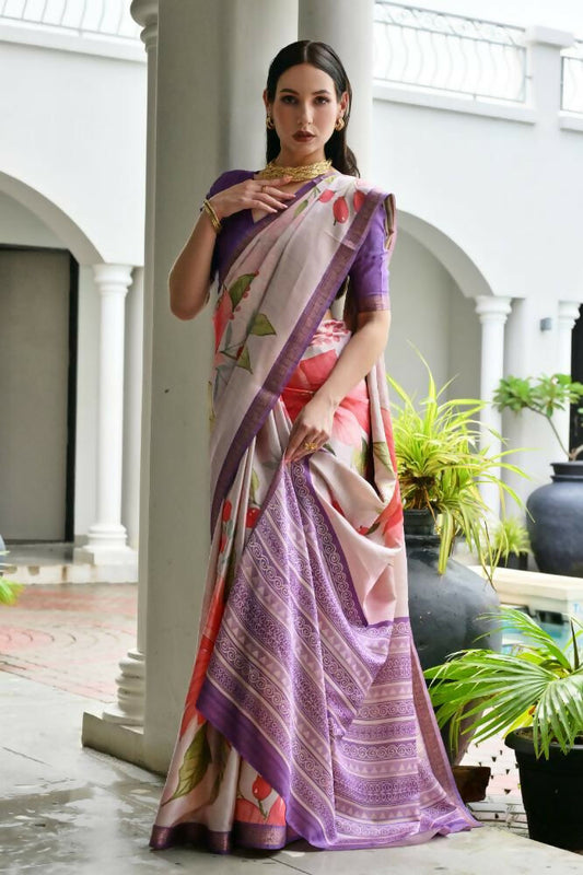 Vishnu Weaves Women's Lavender Satin Silk Printed Saree with Blouse