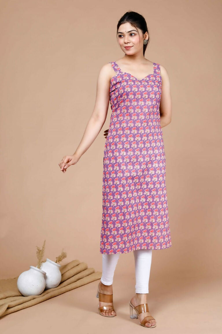 Miravan Women's Ethnic Motifs Printed Sweetheart Neck Shoulder Straps Cotton Straight Kurta