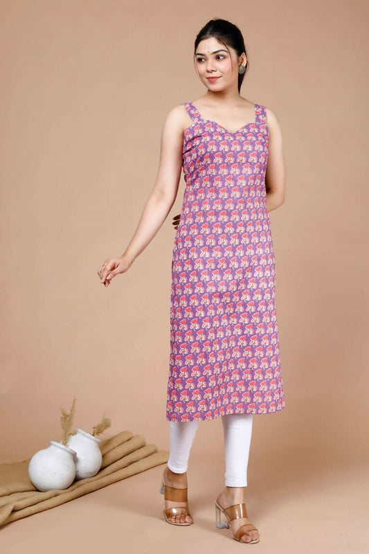 Miravan Women's Ethnic Motifs Printed Sweetheart Neck Shoulder Straps Cotton Straight Kurta