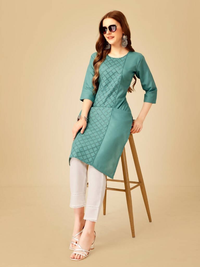Aastha Fashion Women's Teal Cotton Blend Embroidered Kurta Pant Set - Grab2buy