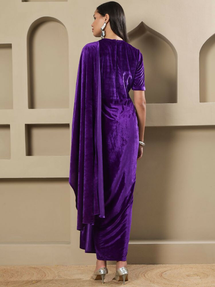Joban Fashion Women Purple Velvet Hand Embellishment Stitched Dress