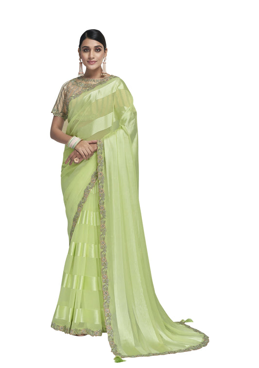 Light Green Georgette Stripe With Embroidery On Border Saree With Blouse Piece - Norita Avyaan