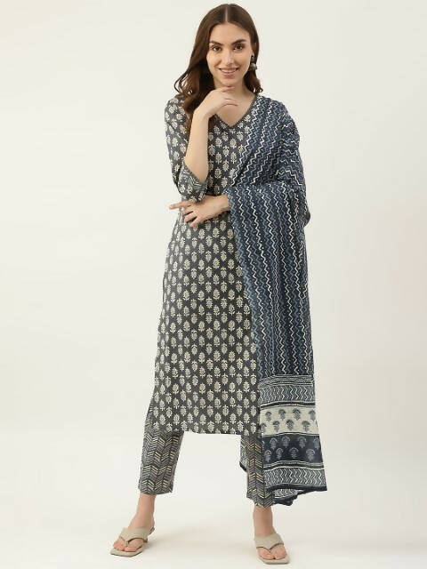 FIORRA Women's Grey Cotton Straight Kurta Pant With Dupatta 
