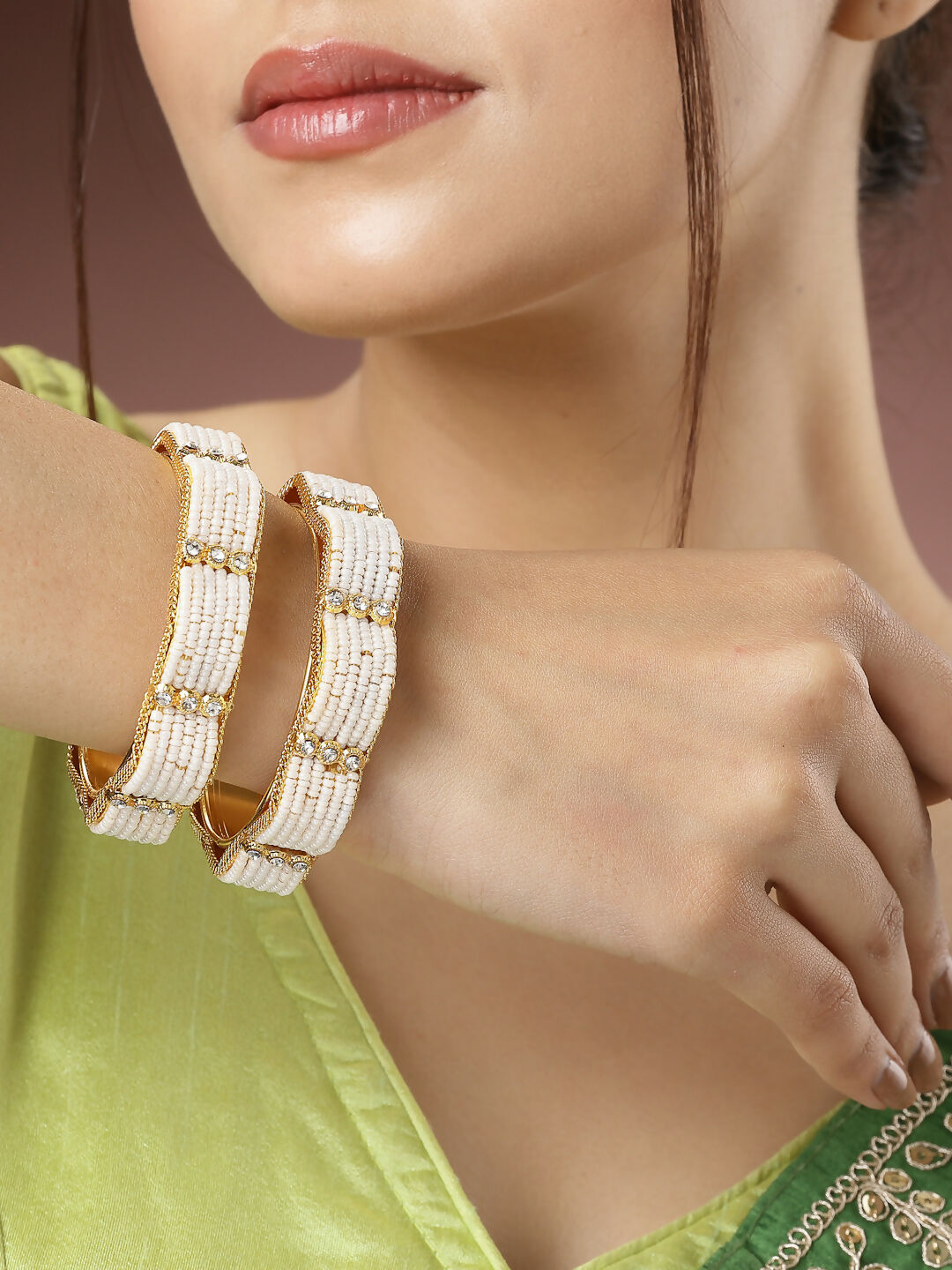NVR Women's Set of 2 Gold-Polished Pearl Handcrafted Traditional Bangles 