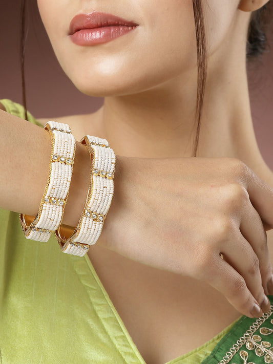 NVR Women's Set of 2 Gold-Polished Pearl Handcrafted Traditional Bangles 