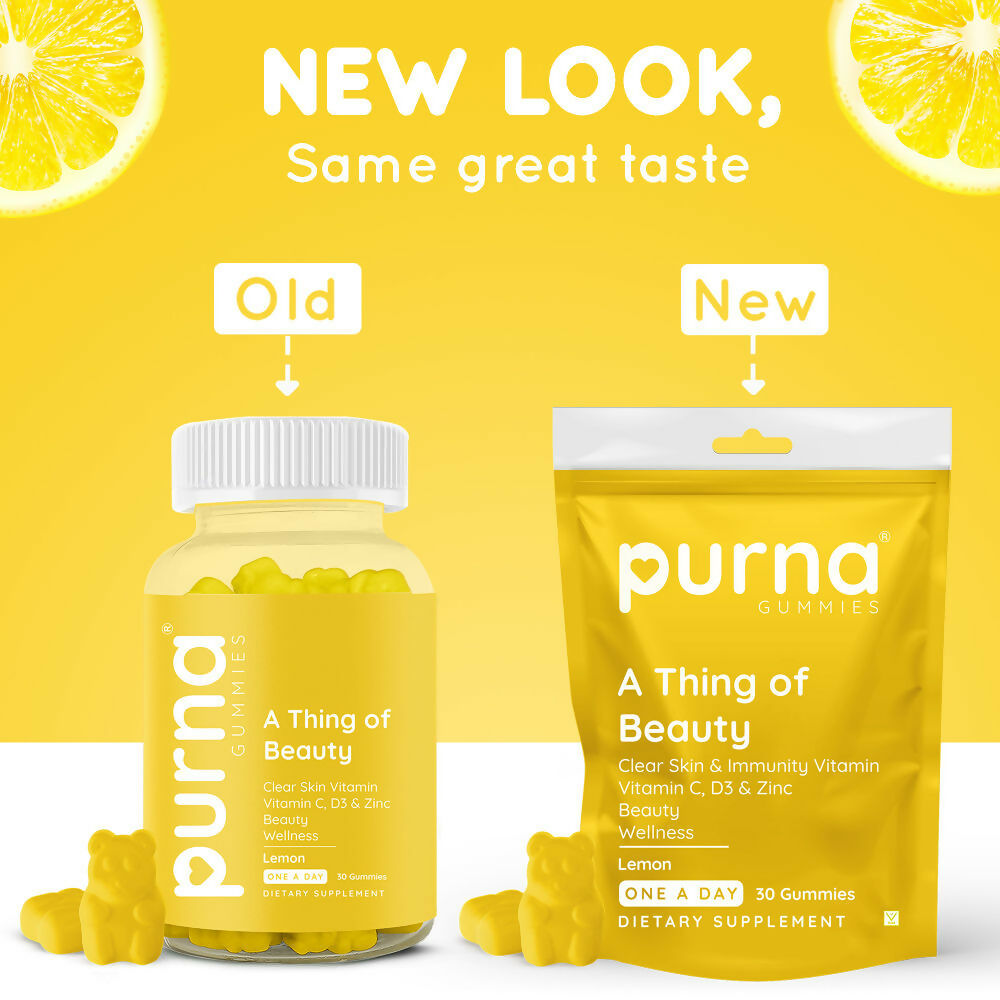 Purna Gummies Vitamin C Lemon Gummies with Vitamin D3, and Zinc for Immunity & Clear Skin 