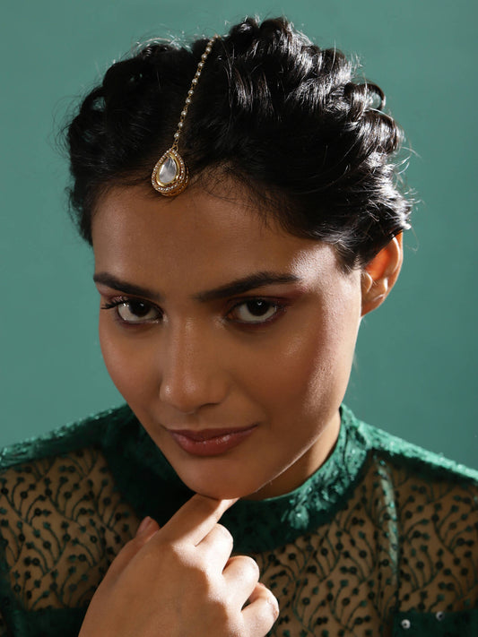 Gold-Plated White Kundan-Studded Pearl Beaded Maang Tikka - Ruby Raang - Grab2buy