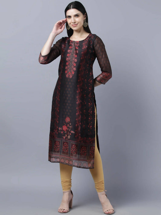 Myshka Women Black Red Floral Printed Chanderi Silk Kurta
