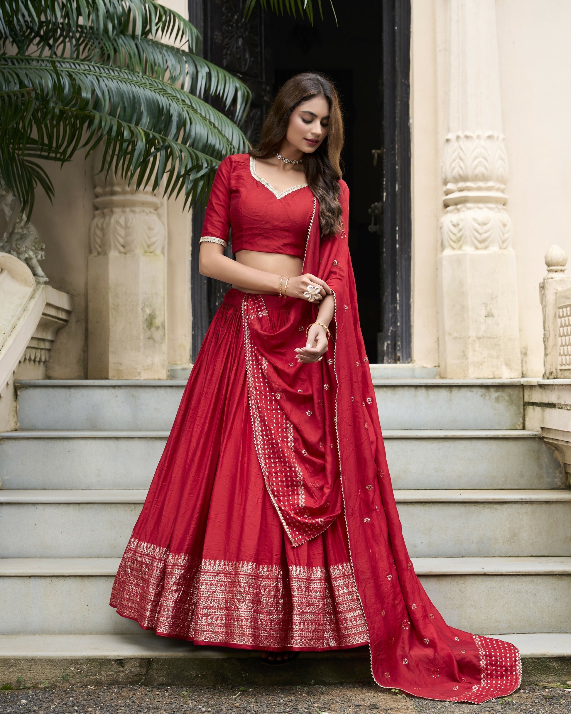 Lorenvalley Red Pure Chanderi Plain With Zari Weaving Work Border Lehenga Choli 