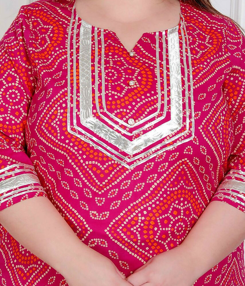 Miravan Plus Size Women'S Pink Bandhani Printed Straight Kurta With Palazzo & Dupatta