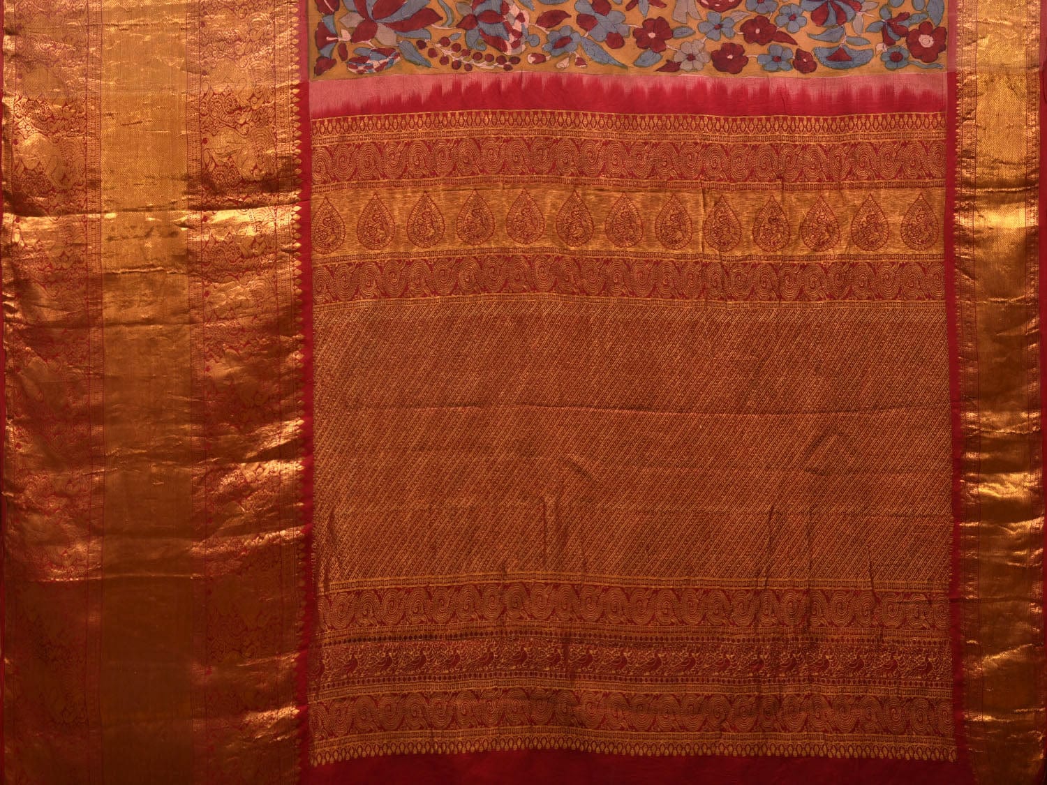 Yellow and Red Kalamkari Hand Painted Kanchipuram Silk Handloom Grab2Buy with Floral Design - Global Threads 