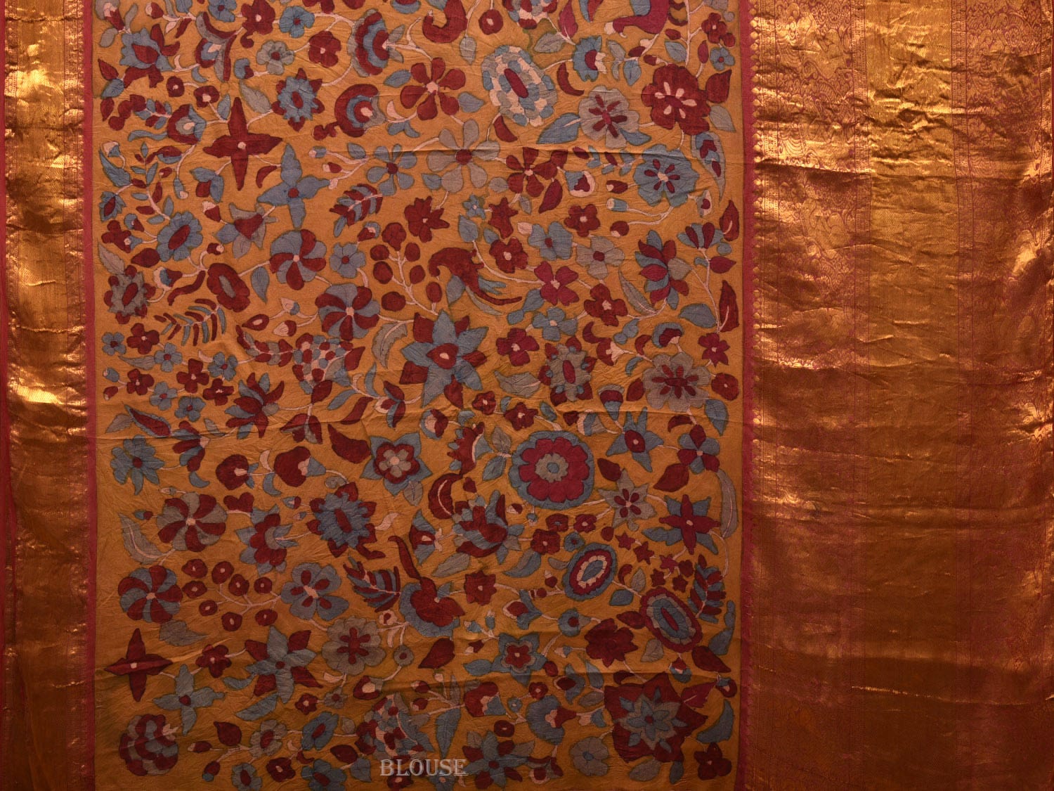 Yellow and Red Kalamkari Hand Painted Kanchipuram Silk Handloom Grab2Buy with Floral Design - Global Threads 
