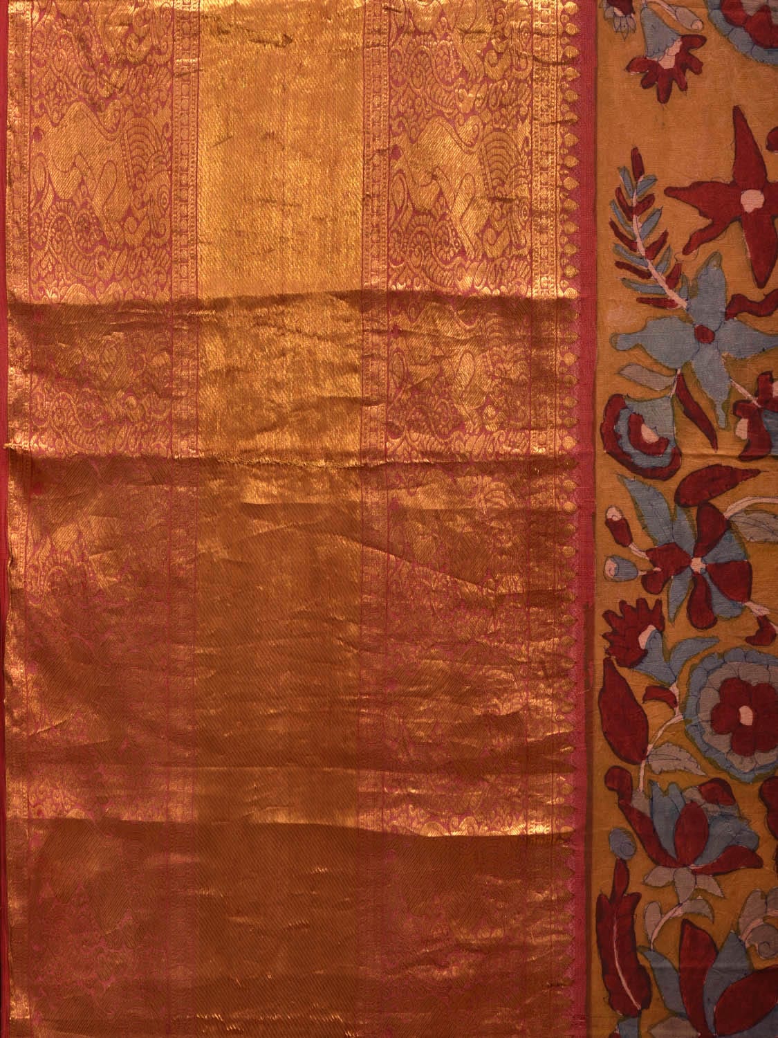 Yellow and Red Kalamkari Hand Painted Kanchipuram Silk Handloom Grab2Buy with Floral Design - Global Threads 